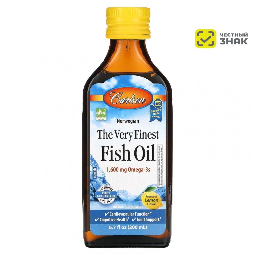 Рыбий Жир Carlson Labs Norwegian The Very Finest Fish Oil (норвежская серия самый лучший рыбий жир) с натуральным лимонным вкусом 1600 мг 200 мл