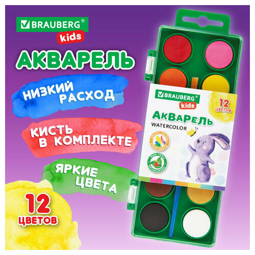 фото Краски акварельные для рисования, акварель для школы 12 цветов в круглых кюветах, пластиковый пенал, с кистью, brauberg kids, 191806