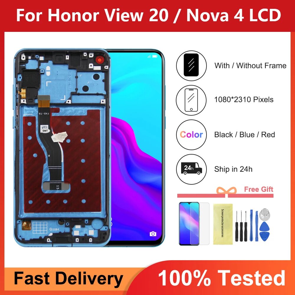 Замена дисплея 6,4 дюйма V20 для Nova 4, ЖК-дисплей с цифровым преобразователем сенсорного экрана в сборе для Honor View 20, ЖК-экран, V20 Black With Frame