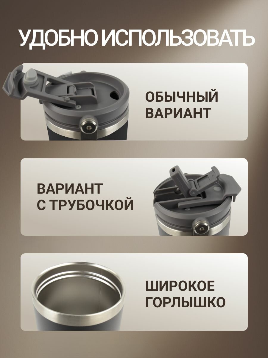 Термос TYESO ts-8826, 600 мл, с ручкой, нержавеющая сталь, черный — фото 1