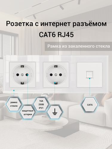 Изображение товара Розетка тройная с интернетом RJ-45 CAT6, 3 поста, рамка стекло, 224х82х8 мм, цвет белый