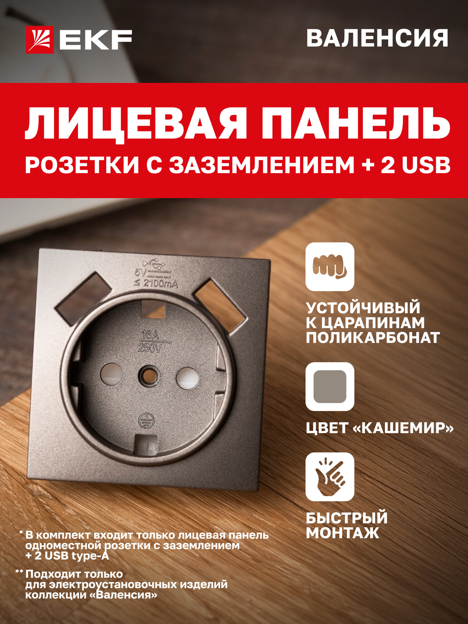 Лицевая панель розетки EKF PROxima 1-местной с заземлением 16А 2 USB* 21А коллекции Валенсия