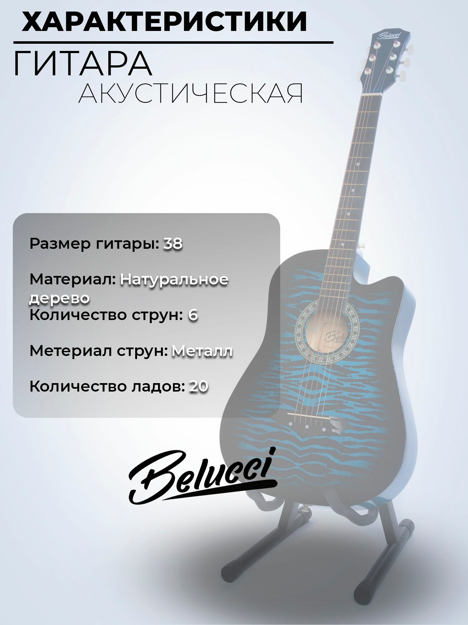 Гитара акустическая 38" Синяя (Инструмент начинающего музыканта, Belucci BC3830 Ocean) — фото 1