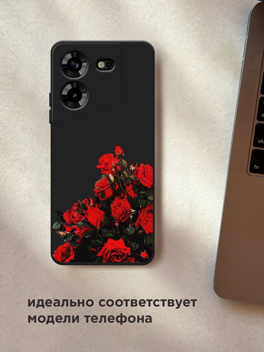 Черный матовый чехол на Tecno Pova 5 / Техно Пова 5 с принтом "Куст алых роз" — фото 1