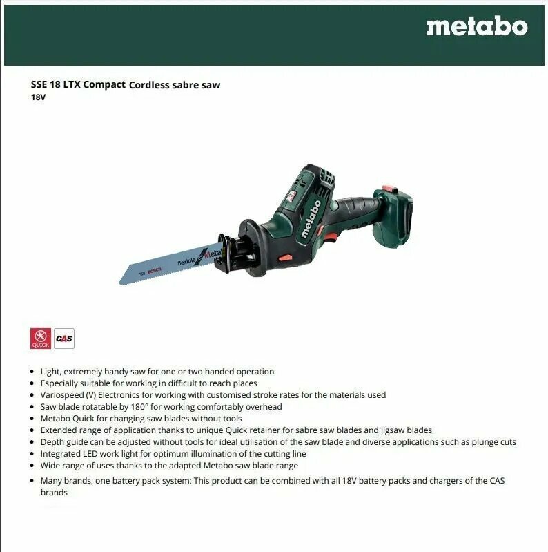 Metabo SSE 18 LTX Compact сабельная пила электрическая сетевая 18-вольтовая аккумуляторная сабельная пила без аккумулятора и зарядного устройства тканевая сумка