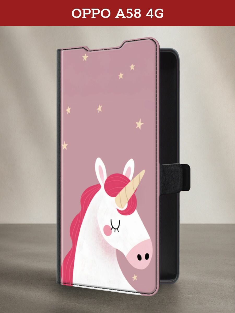 Чехол-книжка на Oppo A58 4G / Оппо А58 4G с рисунком "Сказочный единорог"
