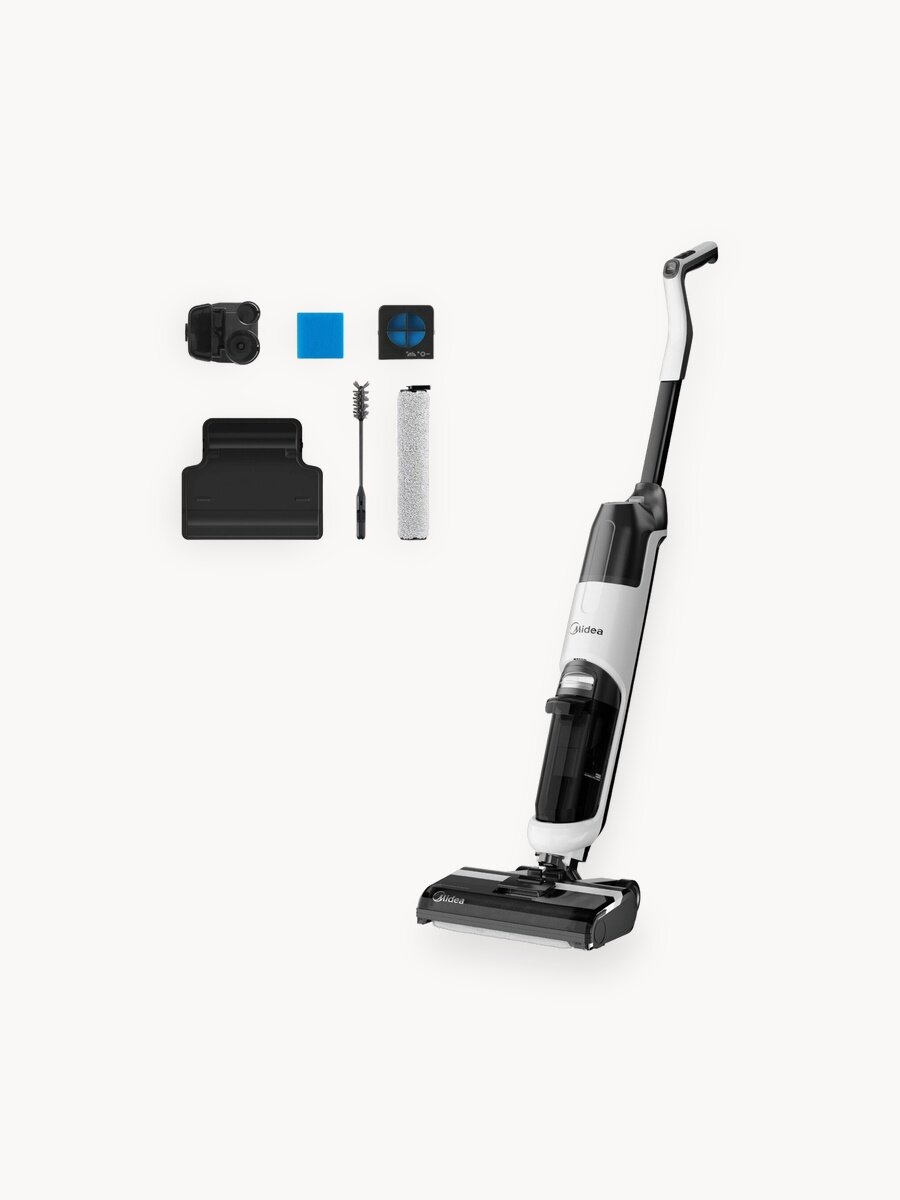 Вертикальный моющий пылесос Midea VSS1200, аккумулятор, сухая+влажная уборка, самоочистка на станции, белый