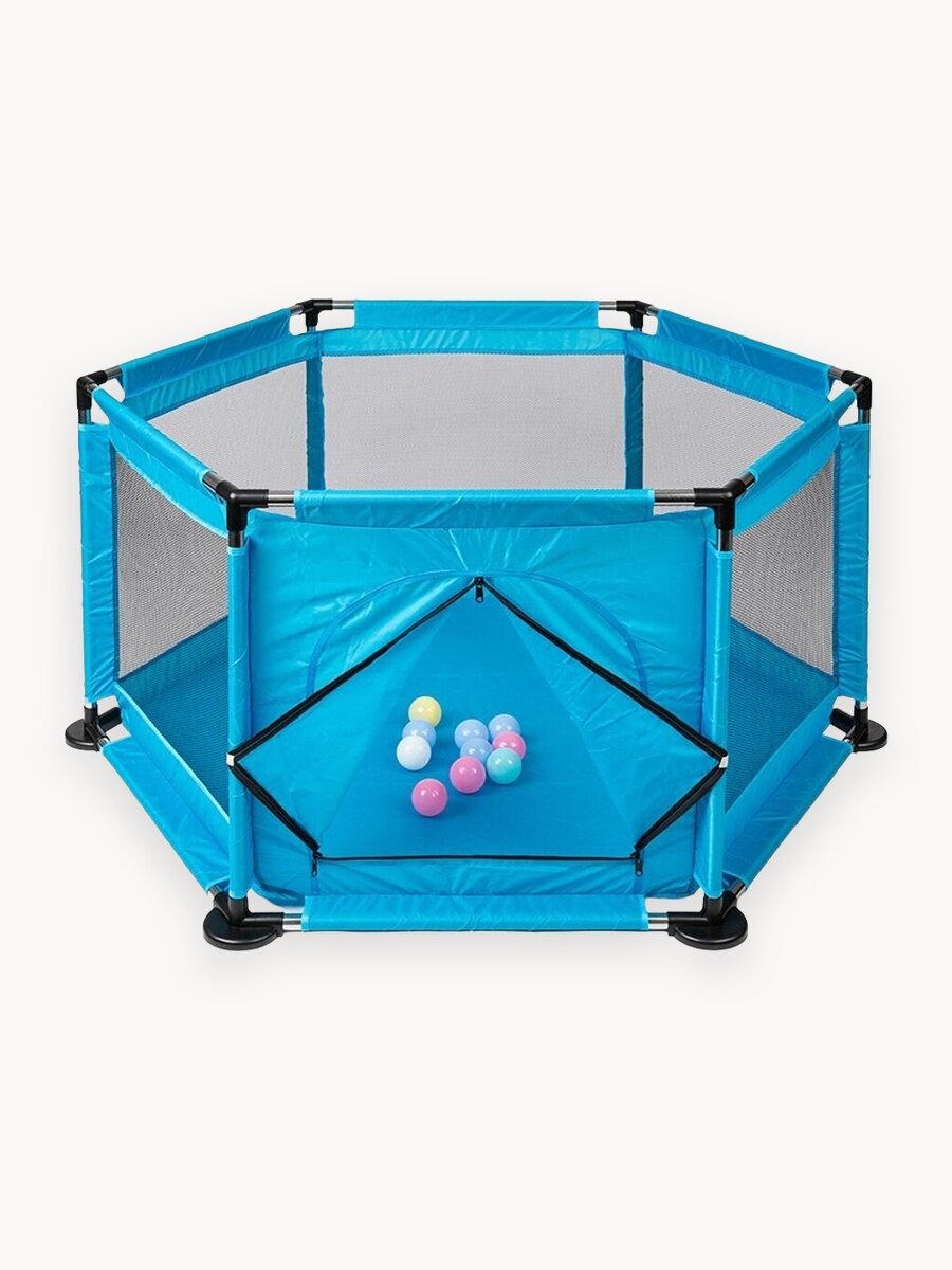 Манеж детский игровой напольный 2 в 1 SOLMAX с шариками для сухого бассейна, с 6 мес-3 лет, до 10кг, Голубой,64х64х125см