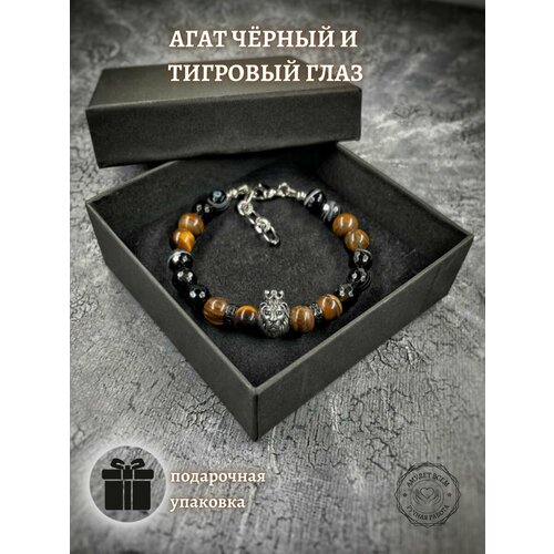 фото Браслет коллекция " люкс", тигровый глаз, агат, металл, фианит, 1 шт., размер 22 см, диаметр 11 см, коричневый, черный нет бренда