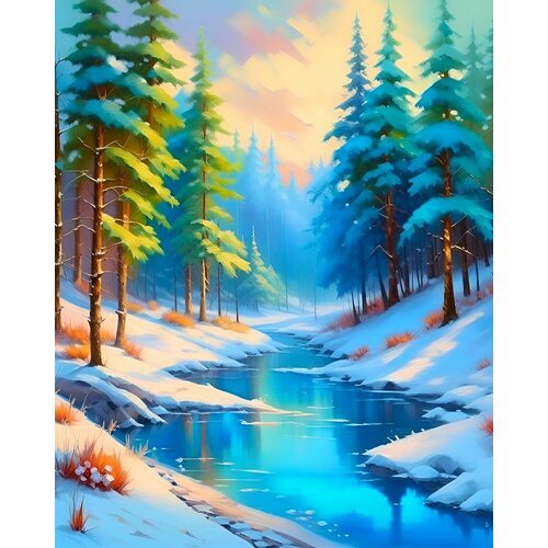 Картина по номерам 40*50 см Зимний лес залитый солнцем