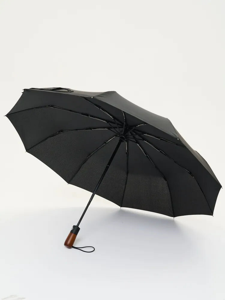 фото Зонт автомат, 3 сложения, купол 110 см, 10 спиц, деревянная ручка, система «антиветер», чехол в комплекте, для мужчин, черный
