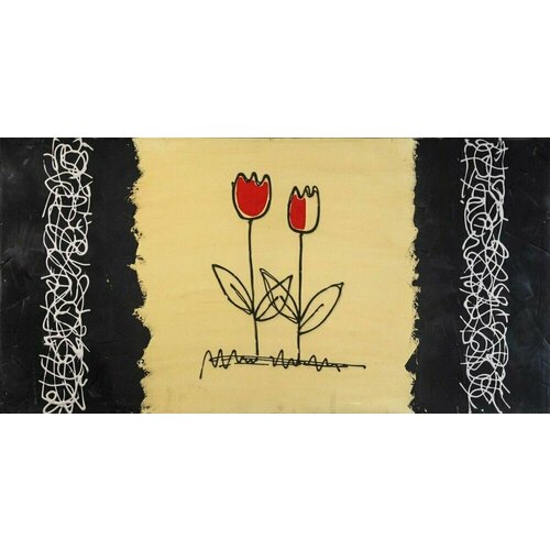 Картина на холсте для интерьера на стену в гостиную офис спальню для декора интерьерная Тюльпаны на черно-бежевом фоне абстракция 13520₽