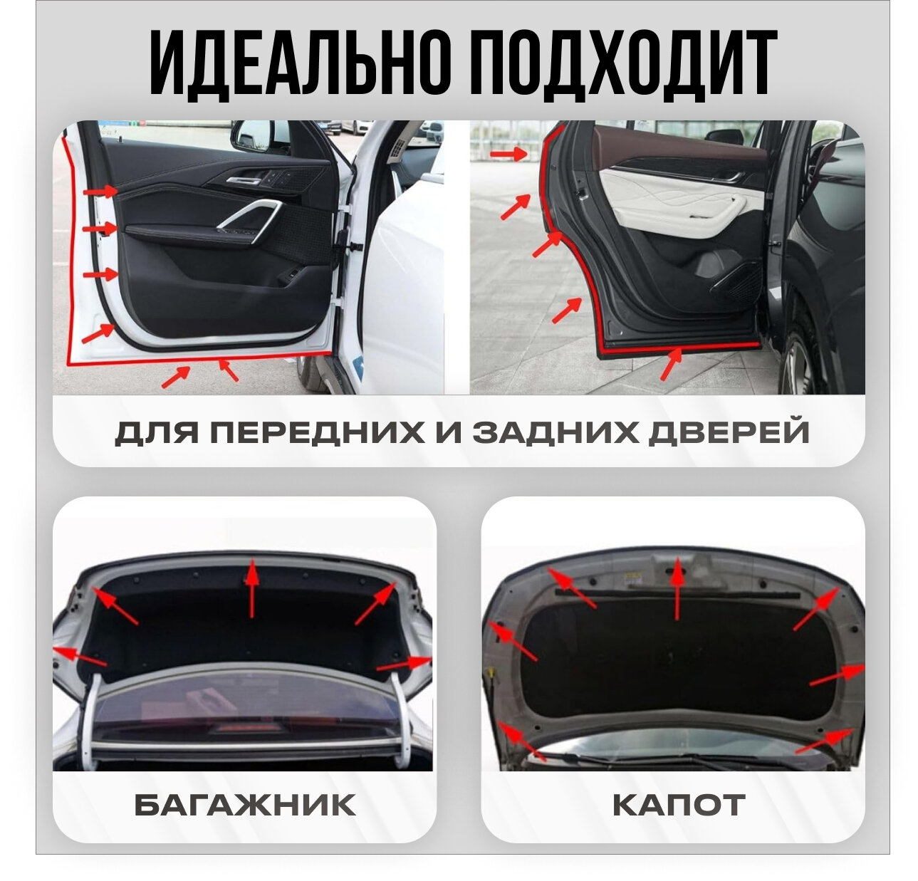 Уплотнитель автомобильный для капота и дверей авто D-образный, универсальный, 3 метра, 14*12мм — фото 1