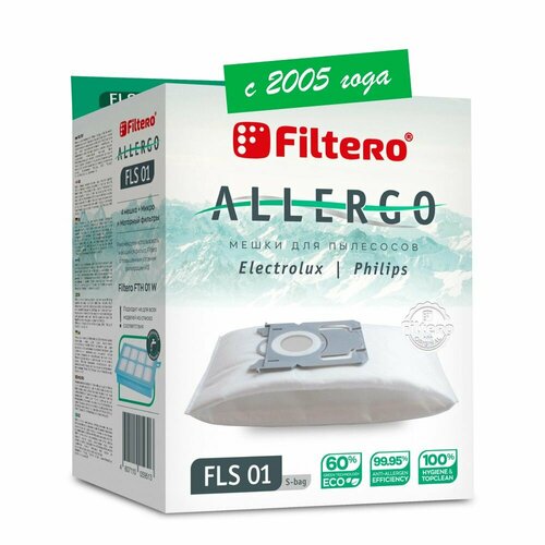 Мешки-пылесборники Filtero FLS 01 (S-bag) Allergo для пылесосов ELECTROLUX, PHILIPS, 4 штуки, моторный и микрофильтр, синтетические мешки пылесборники filtero fls 01 s bag экстра для philips electrolux синтетические 4 штуки