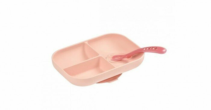 Набор посуды тарелка ложка Set repas silicone avec ventouse Rose