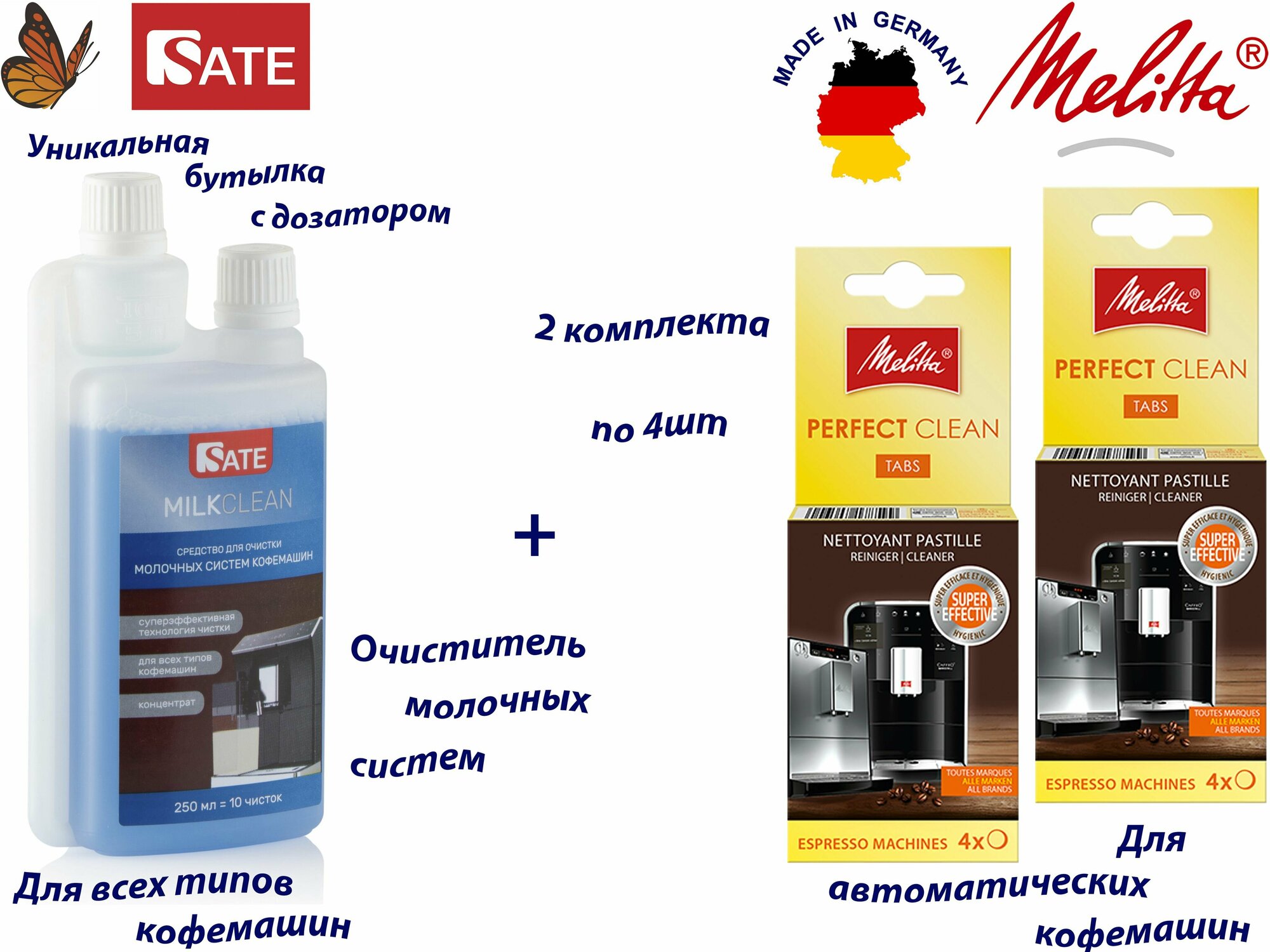 Комплект: Таблетки Melitta Perfect Clean 2 упаковки по 4шт и SATE Milkclean Очиститель молочной системы 250мл