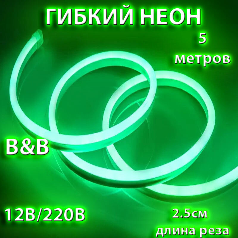 Неоновая светодиодная лента B&B 5м, 5х12мм, 12V DC, 120 LED/m, IP 67, гибкий неон, Зеленый