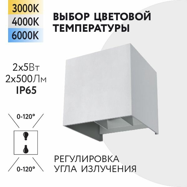 Уличный настенный светильник Foton Lighting 10Вт 2x5W 230В Сменная температура свечения 3000К/4000К/6000К Угол 120° IP65 Белый металл. Архитектурный садово-парковый светильник