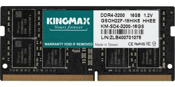 Оперативная память для ноутбука 16Gb (1x16Gb) PC4-25600 3200MHz DDR4 SO-DIMM CL22 KingMax KM-SD4-3200-16GS KM-SD4-3200-16GS