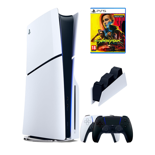 PS5 (ПС5) Игровая приставка Sony PlayStation 5 Slim disc + 2-й геймпад(черный) + зарядное + игра Cyberpunk