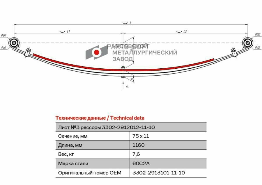 ЧМЗ 330229131011110 3302-2913101-11-10_лист рессоры коренной! задней\ ГАЗ-2705/32213/33021