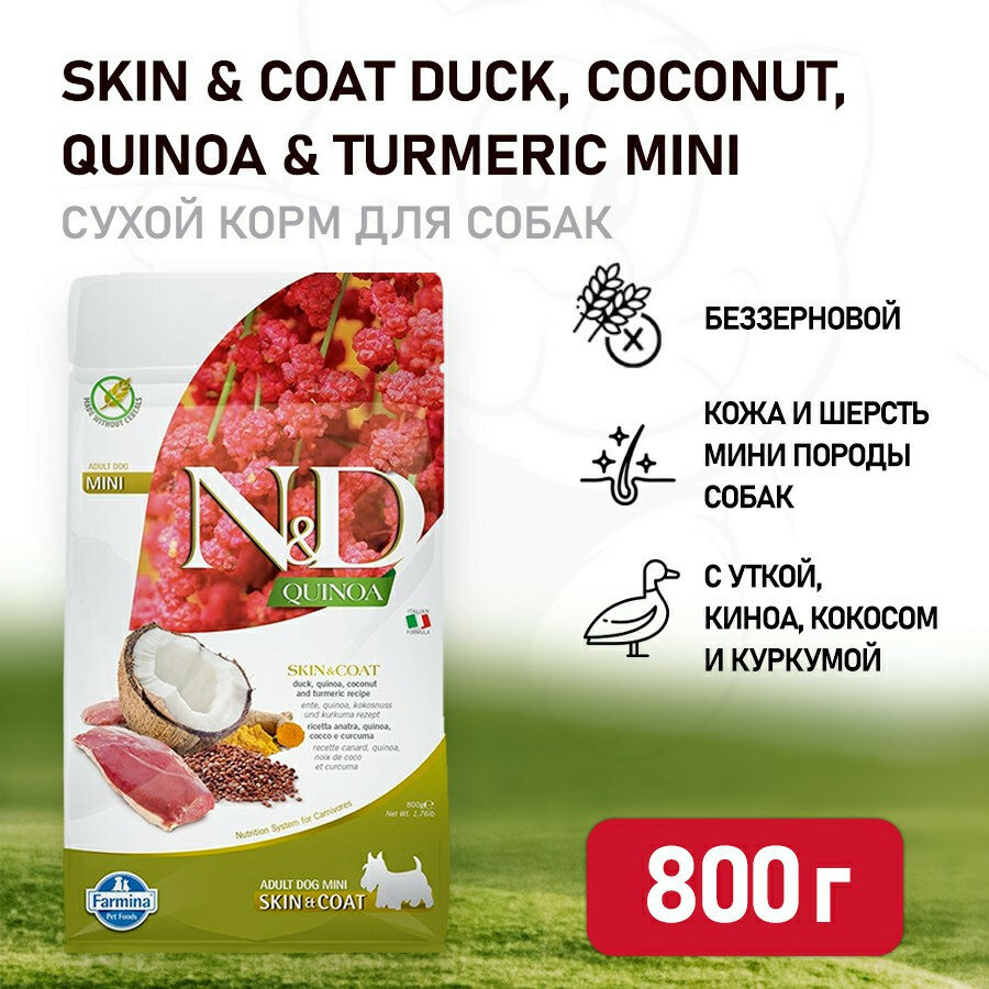 Farmina N&D Dog GF Quinoa Skin&Coat Duck Mini сухой корм для взрослых собак мелких пород для ухода за кожей и шерстью, с уткой - 800 г