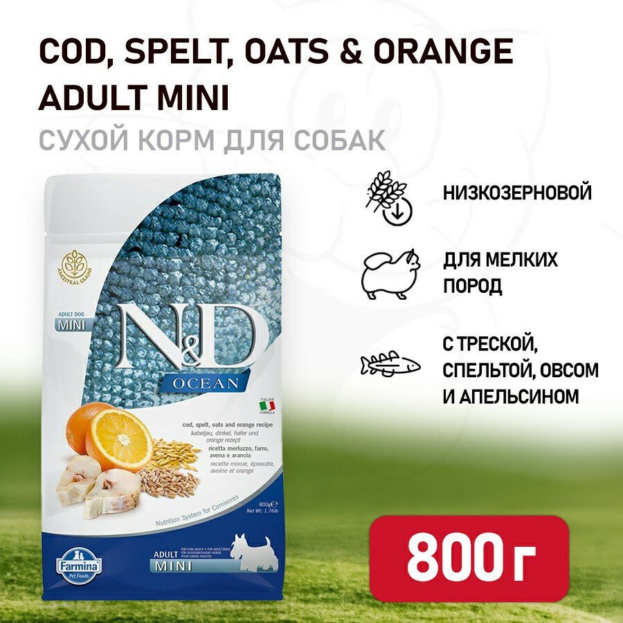 Farmina N&D Ocean Dog Codfish, Spelt, Oats & Orange Adult Mini сухой низкозерновой корм для взрослых собак мелких пород с треской и апельсином - 800 г