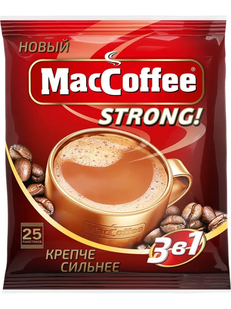 Растворимый кофе MacCoffee Strong 3 в 1, в пакетиках, 25 уп, 400 г