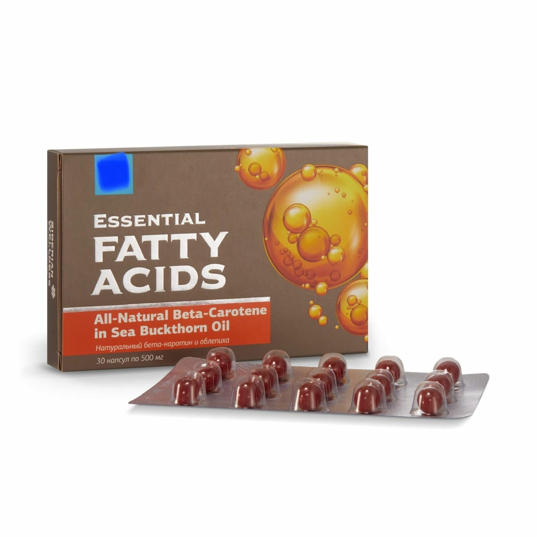 Натуральный бета-каротин и облепиха Essential Fatty Acids, защита желудка, кишечника, забота о коже, Сибирское, 30 капсул