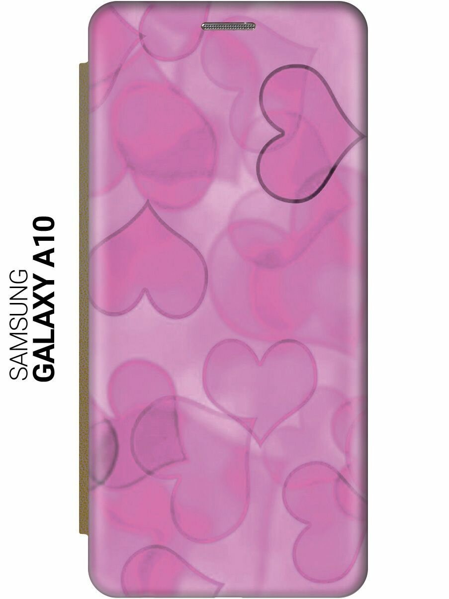 Чехол-книжка на Samsung Galaxy A10, Самсунг А10 c принтом "Розовые сердечки" золотистый