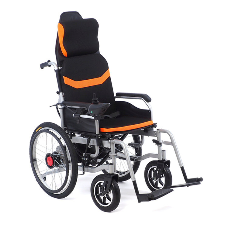 Кресло-коляска с электроприводом МЕТ Comfort 21, ширина сиденья: 460 мм, материал: сталь/ткань, колеса (передние/задние): литые/пневматические, цвет: черный/оранжевый