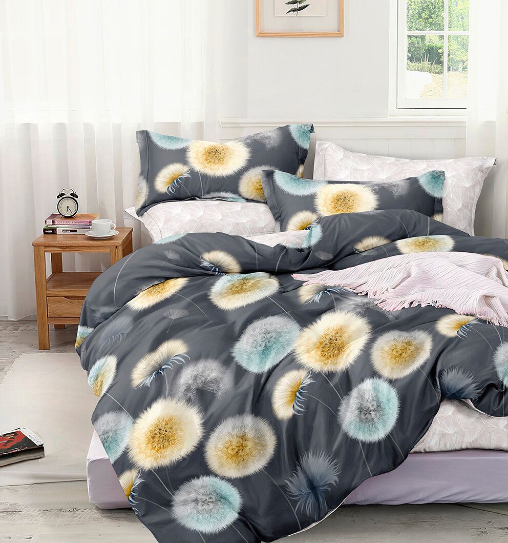 Комплект постельного белья с одуванчиками Поплин Элис Текстиль, 1.5-спальный, рис. 0279, наволочки 70х70, хлопок