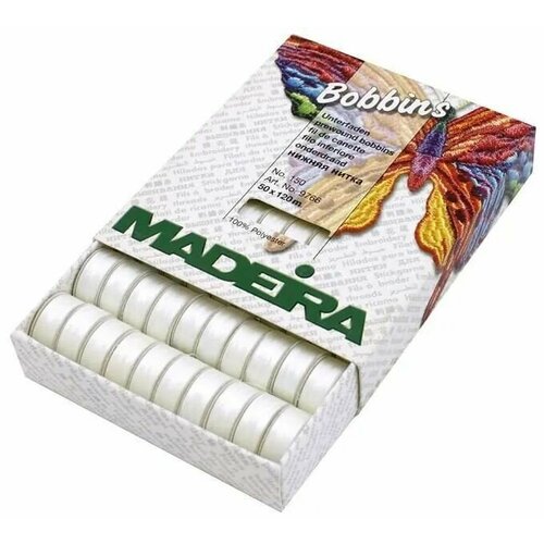 Нижняя нить Madeira Bobbins № 150, 120м x 50 шт, белая.