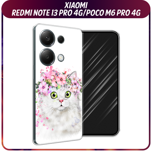 Силиконовый чехол на Xiaomi Redmi Note 13 Pro 4G/Poco M6 Pro 4G / Сяоми Редми Нот 13 Про 4G/Поко М6 Про 4G Белая кошка с цветами силиконовый чехол на xiaomi redmi note 13 pro 4g poco m6 pro 4g сяоми редми нот 13 про 4g поко м6 про 4g все я устала прозрачный