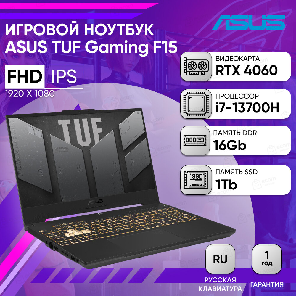 Ноутбук ASUS 90NR0BV7-M00630 i7-13700H/16GB/1TB SSD/RTX 4060 8Gb/15.6" IPS FHD/WiFi/BT/cam/noOS/gray - фото №1
