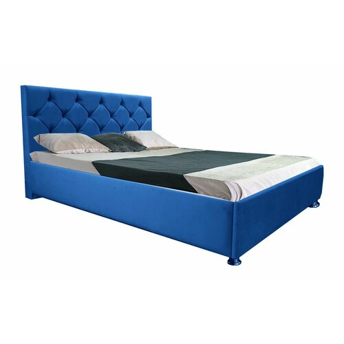 Двуспальная кровать Сирия 160x200 основание металлическое с ламелями велюр синий ножки 13 см хром
