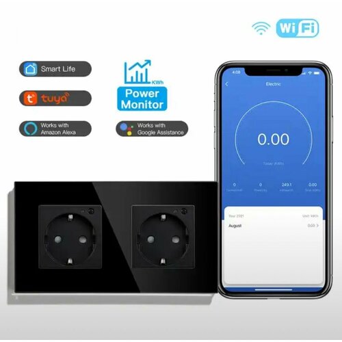 Умная двойная розетка Wi-Fi мониторингом расхода электроэнергии с голосовым управление Яндекс станцией Алисой Марусей