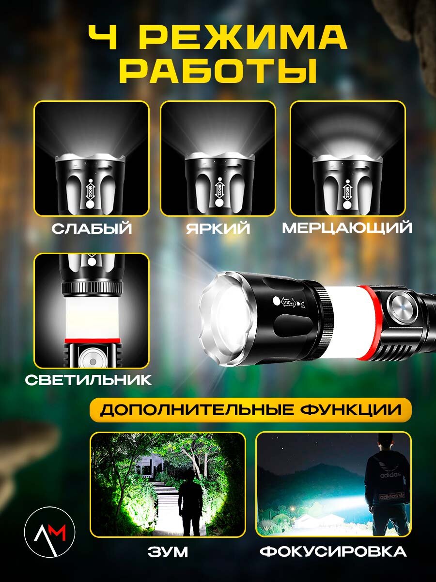 Фонарь мощный аккумуляторный светодиодный с функцией светильника и магнитом на торце — фото 1