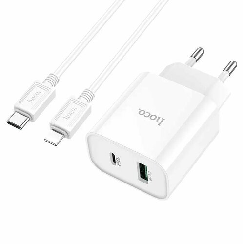 Сетевая зарядка Type-C, USB, Hoco C80A Plus, PD, QC3.0, с кабелем Type-C - Lightning, белый