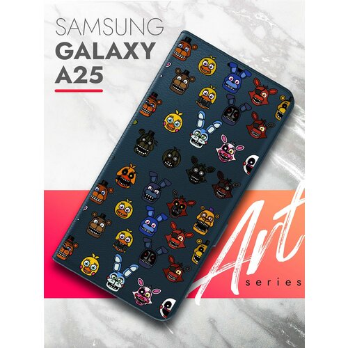 Чехол на Samsung Galaxy A25 (Самсунг Галакси А25) синий книжка экокожа подставка отделение для карт магнит Book case, Brozo (принт) Аниматроник Паттерн чехол на samsung galaxy a25 самсунг галакси а25 фиолетовый книжка экокожа подставка отделение для карт book case brozo принт россия russian fed