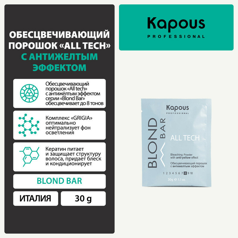 Обесцвечивающий порошок All tech с антижелтым эффектом Blond Bar 30г Kapous