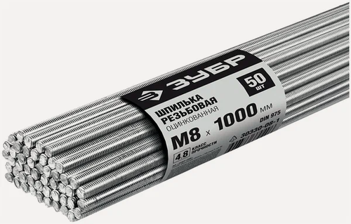 Изображение товара Шпилька резьбовая DIN 975, М8x1000мм, 50 шт, класс прочности 4.8, оцинкованная