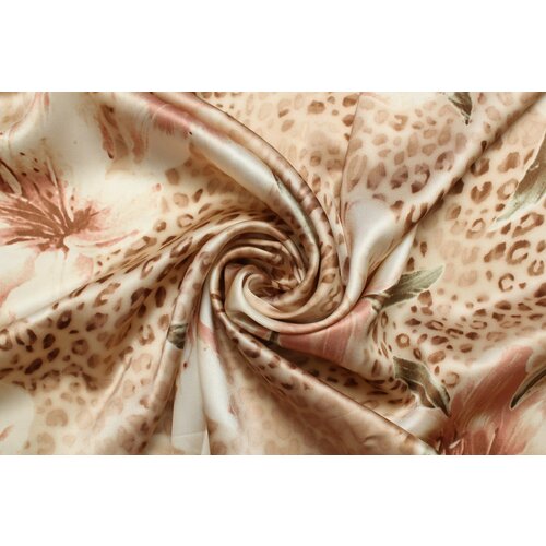 Ткань Шелк-атлас Roberto Cavalli, лилии на леопардовом фоне в бежево-кремовых тонах с розовыми оттенками, ш138см, 0,5 м