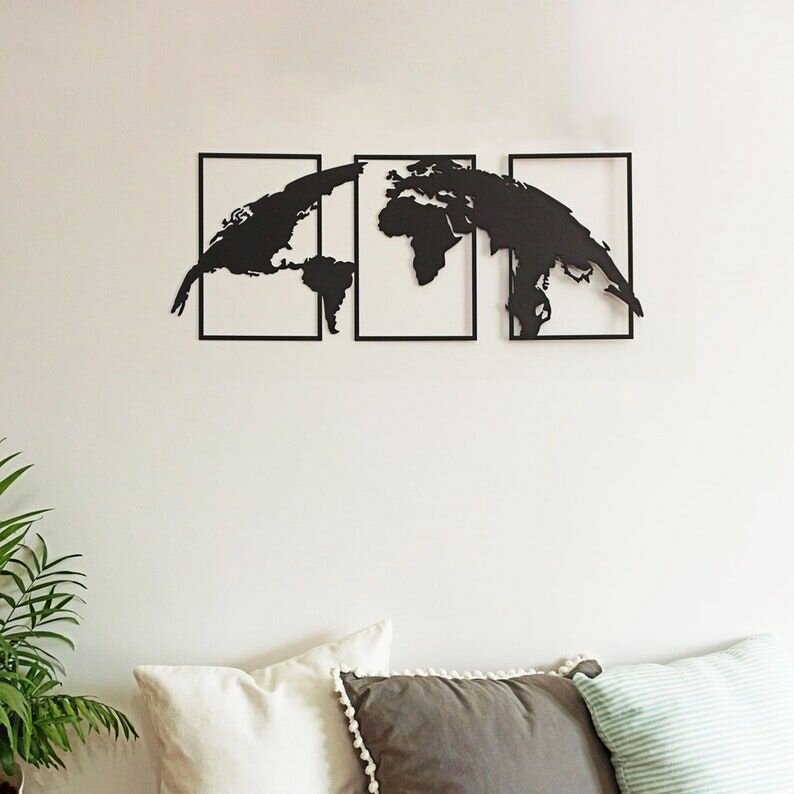 Декоративное металлическое панно, Карта мира (черный цвет)