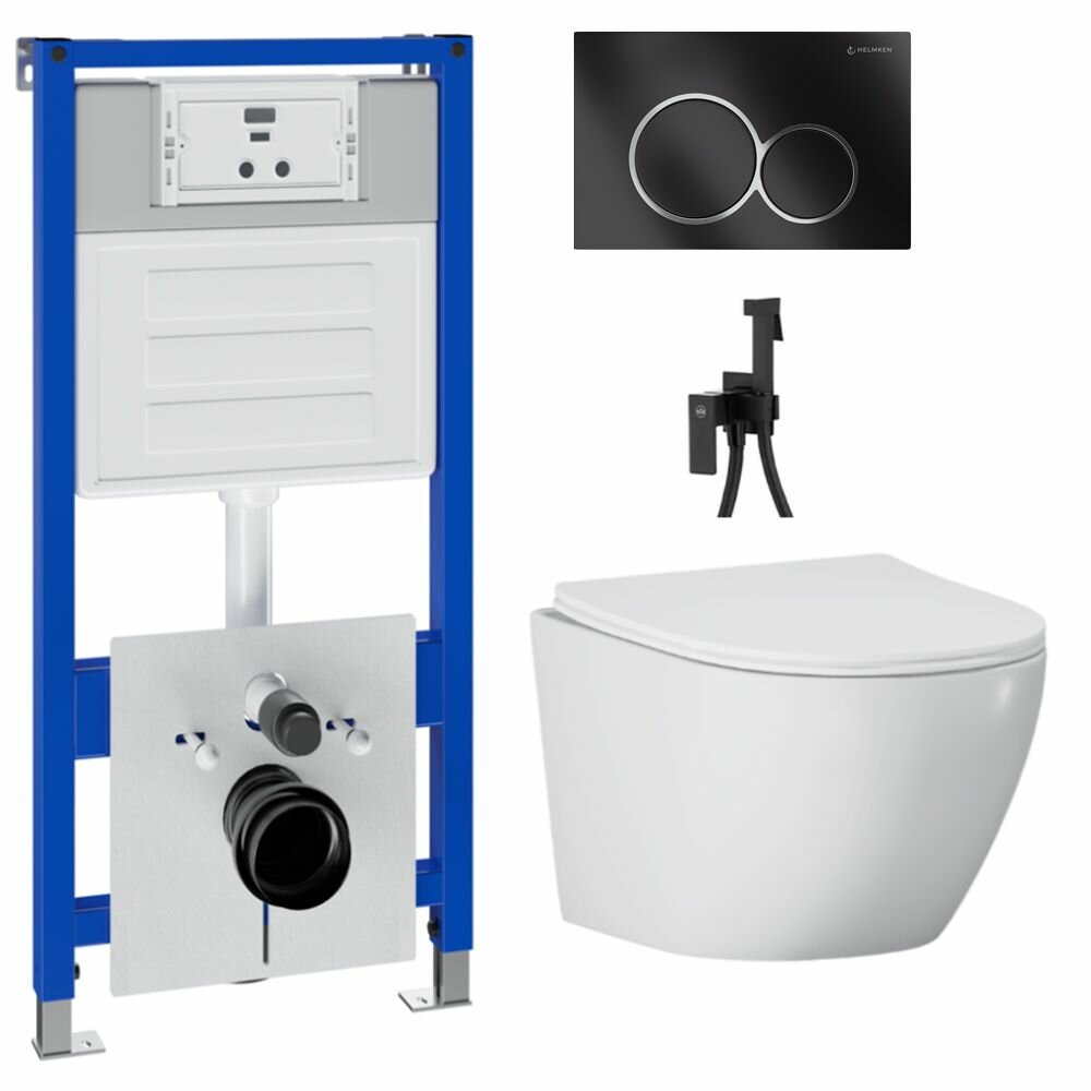 фото Инсталляция с подвесным унитазом Helmken комплект 6 в 1: подвесной безободковый унитаз, сиденье микролифт, инсталляция с кнопкой смыва, шумоизоляция, гигиенический душ Armatura