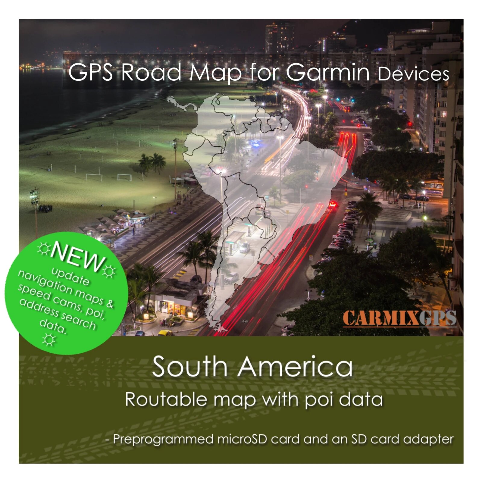 Карта навигационная дорожная для Garmin устройств. Южная Америка на карте памяти MicroSD (2024) Carmix-GPS