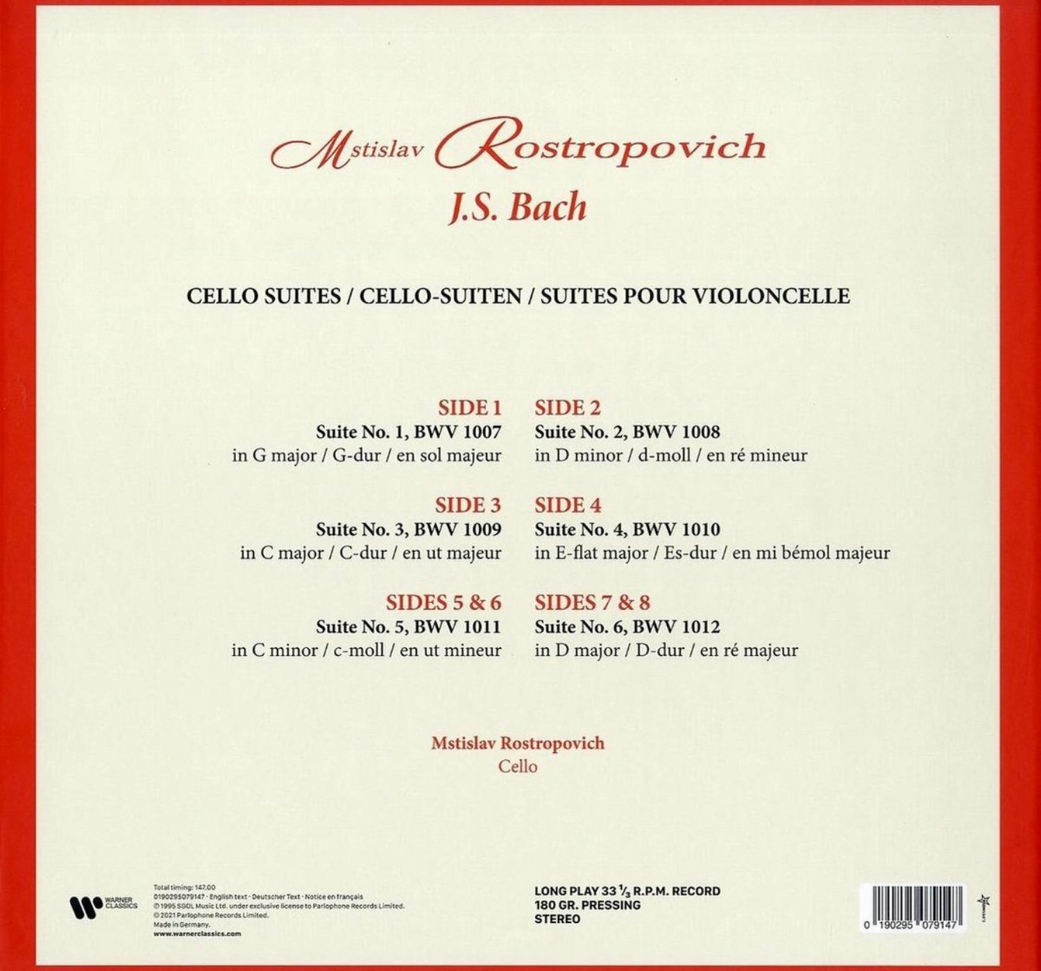 Mstislav Rostropovich Mstislav Rostropovich - J.s. Bach: Cello Suites (180 Gr, 4 LP) Warner Music Classic - фото №11