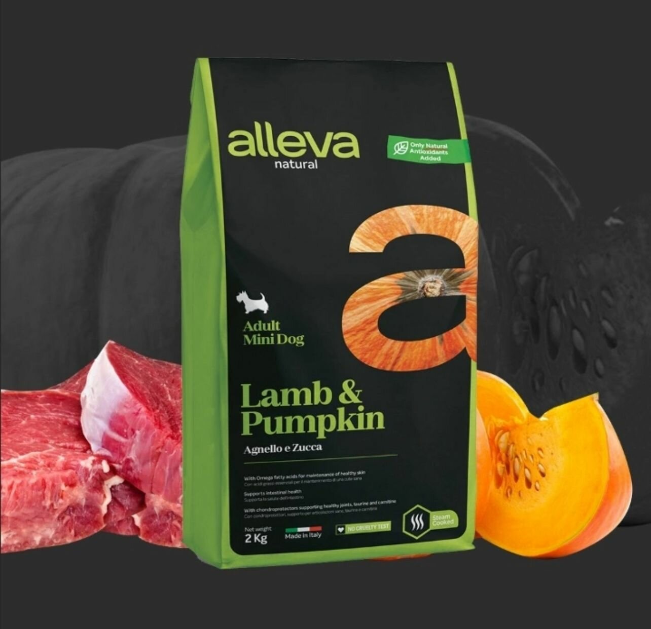 ALLEVA Natural низкозерновой корм сухой для взрослых собак мелких пород, с ягненком и тыквой, 2 кг