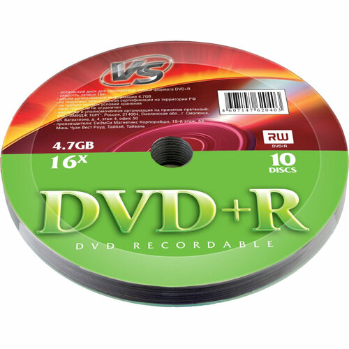 Носители информации DVD+R 4,7 GB 16x, VS, 10шт/уп диск dvd r vs dvd r 4 7gb printable 10 pack