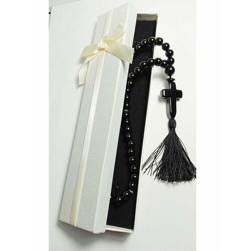 перстные четки из черного агата с православным крестом Четки, размер 20 см, черный